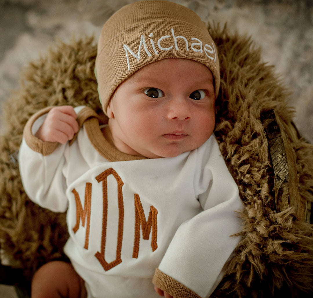 Solid Tan Hat With Matching Tan Trimmed Onesie SET