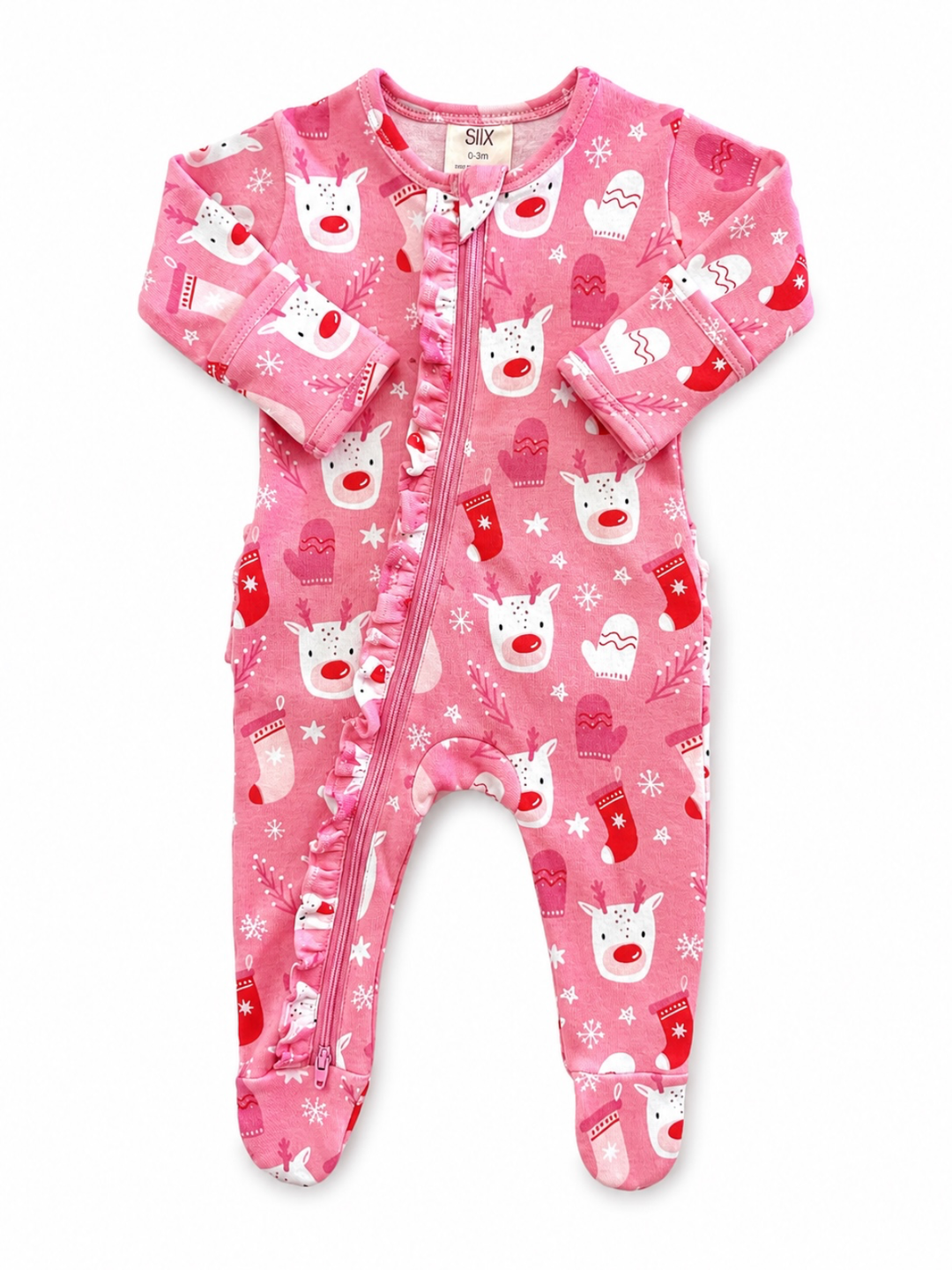 Reindeer Pink / Organic Frill Zip Footie