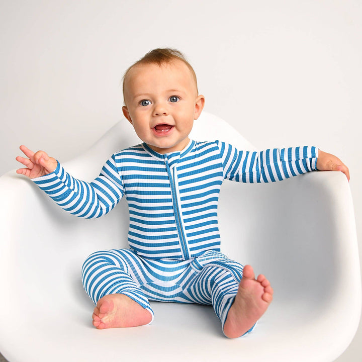 Cooper Blue Ribbed ZIP Bamboo Striped One Piece 2-Way Zipper