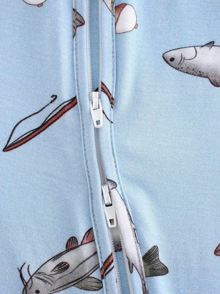 PoshTOT Blue Fish Bamboo Baby Convertible Zippy Romper