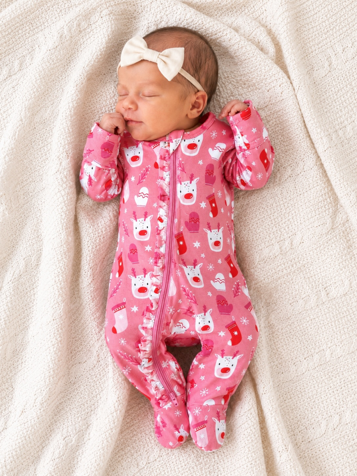 Reindeer Pink / Organic Frill Zip Footie