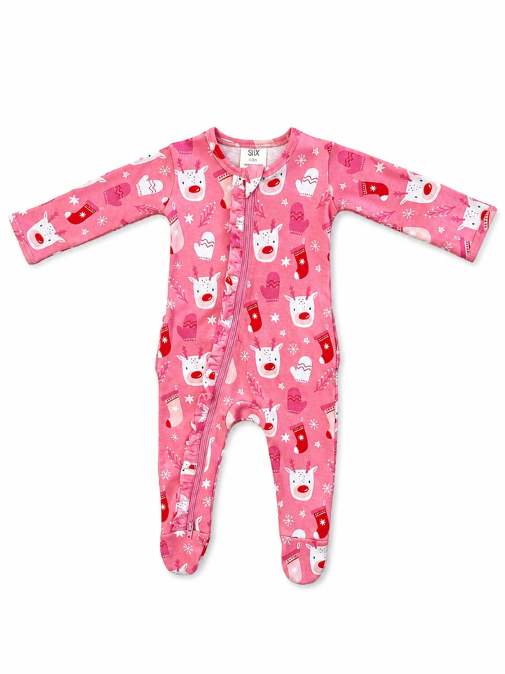 Reindeer Pink / Organic Frill Zip Footie