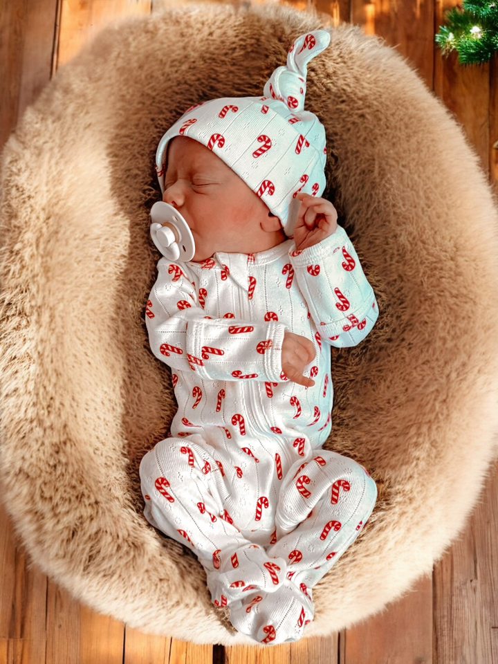 Candy Cane / Organic Pointelle 2-Way Zip Footie