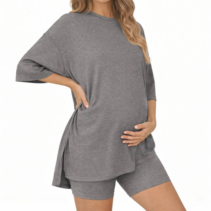 Relaxed Fit Maternity Lounge Activity Set – Short Sleeve Top & Biker Shorts