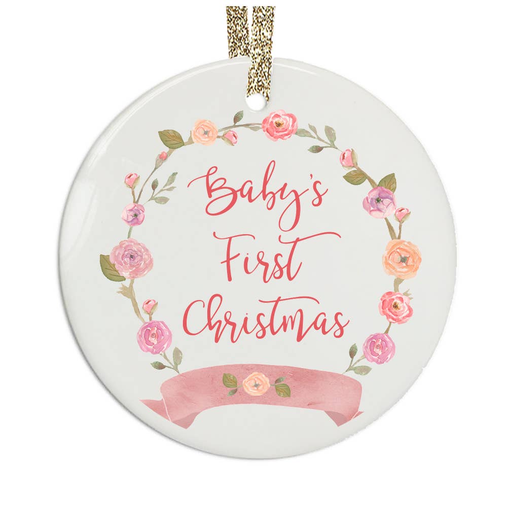 Pink Floral Girl Baby's First Christmas Ceramic Ornament