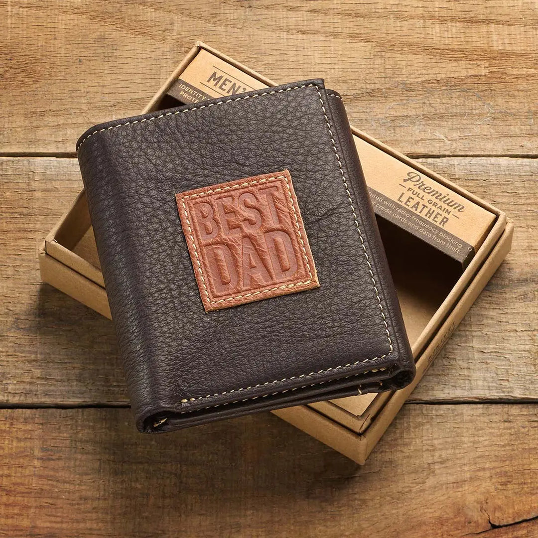 Best Dad Brown and Tan Genuine Leather Trifold Wallet