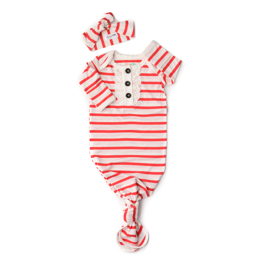 Coral & White Stripe Knotted Button Newborn Gown & Headband
